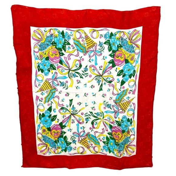 Vintage Accessories - Vintage 50s Multicolor Floral Bows Square Scarf